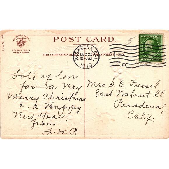 Glad Memories Christmas Postcard Embossed 1910 Gold Bells Holly Vintage USA - Picture 2 of 2